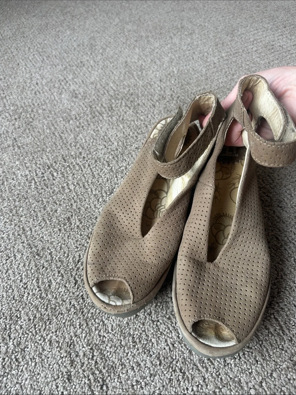 Fly London tan Yala Perforated Peep-Toe Wedge Sandals